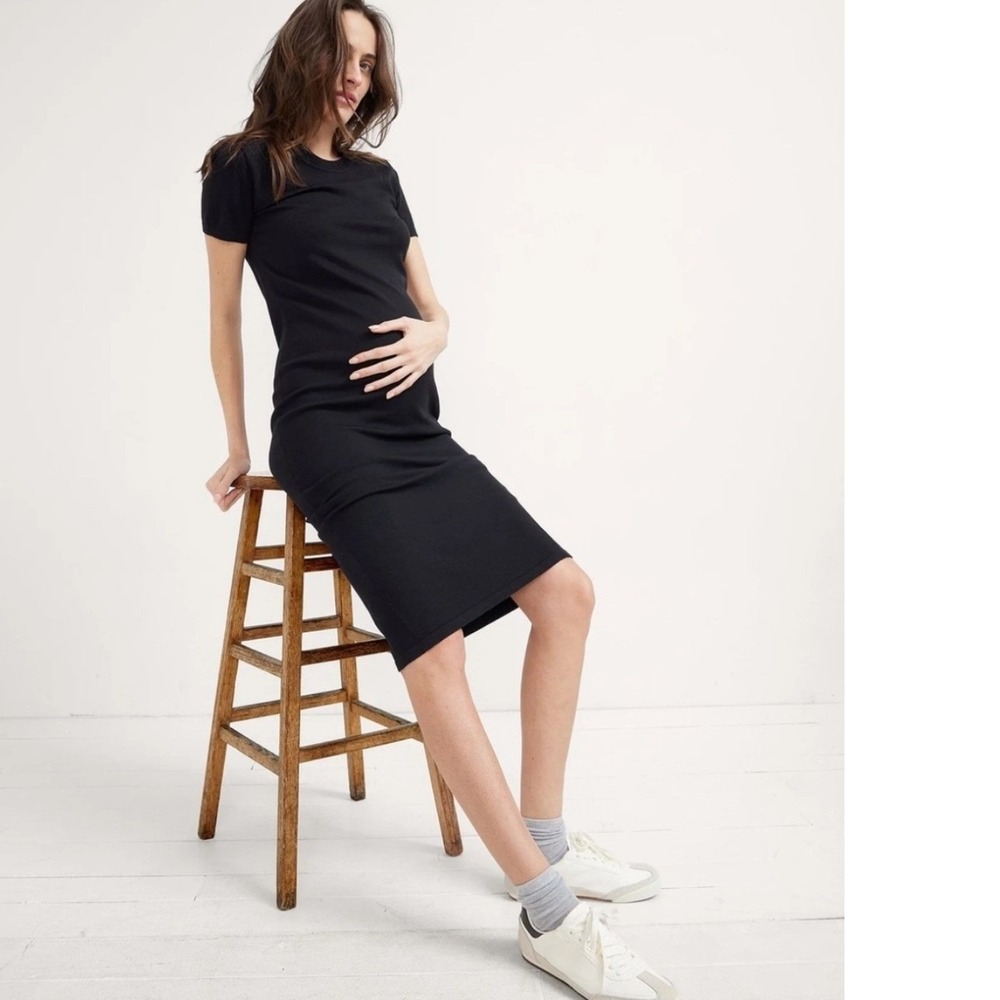 Hatch Black Short Sleeve Knit Midi Maternity Dress Size 0 Crew Neck Viscose